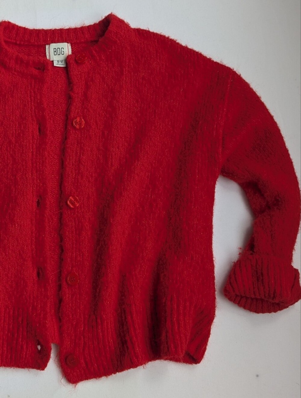 BDG Bright Red Fuzzy Button-Up Crewneck Cardigan Sweater